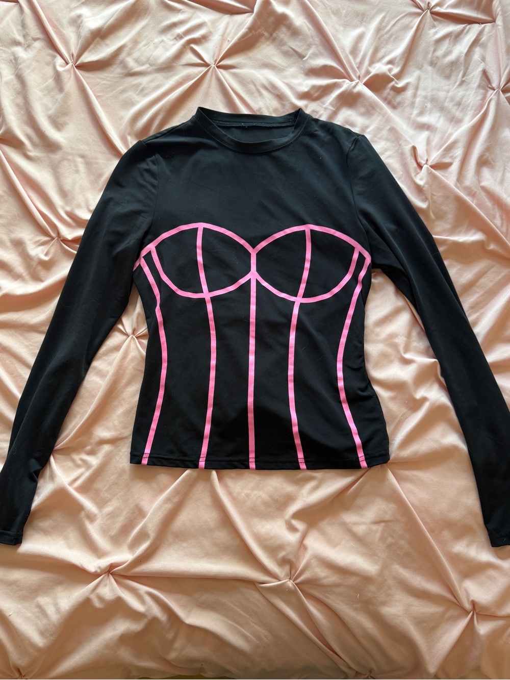 Black Long-Sleeve Top with Pink Corset Detailing